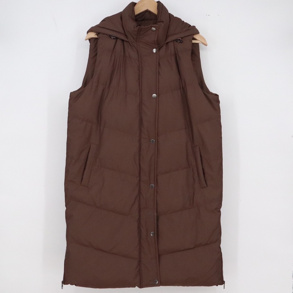 Unbranded Puffer Vest Womens L Longline Hooded Brown Quilted Sleeveless